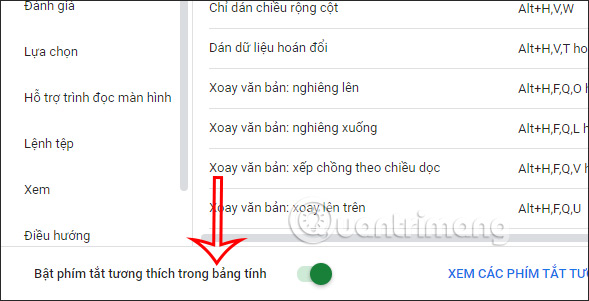 Phím tắt trong bảng Google Sheets