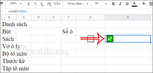 Chèn checkbox trong bảng Google Sheets bằng hàm CHAR