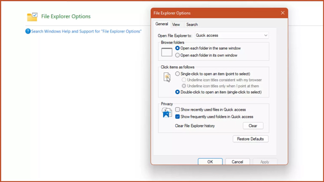 Cửa sổ File Explorer Options xuất hiện.