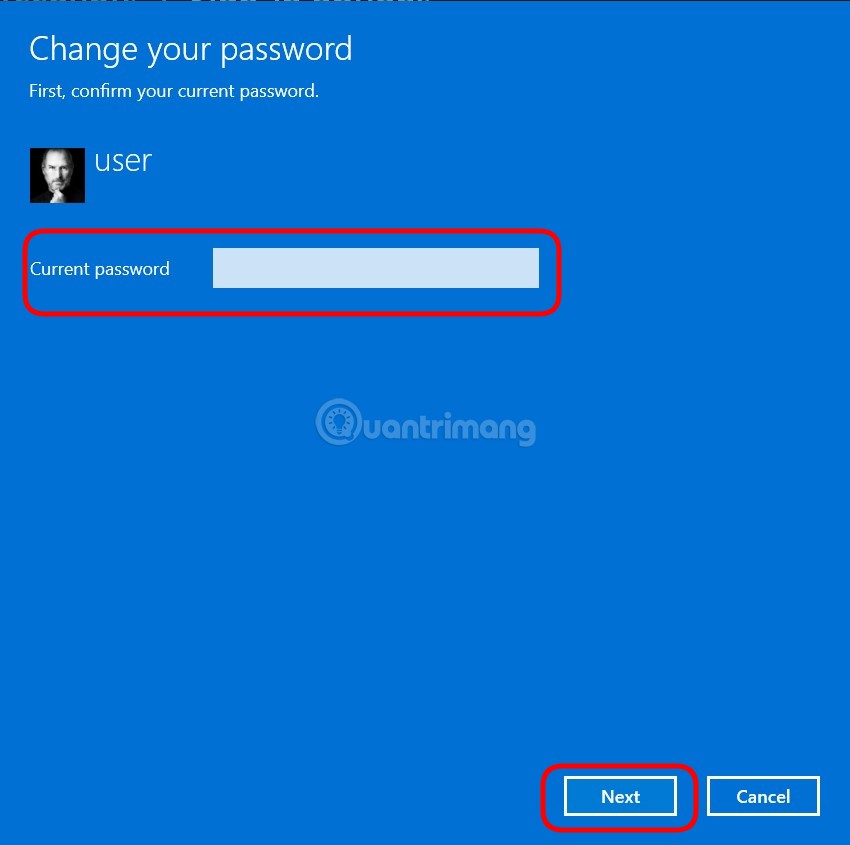 Không nhập mật khẩu mới, để trống và cứ thế nhấn Next