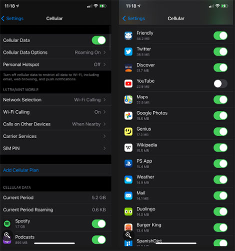 Xem mức sử dụng dữ liệu của YouTube trên iPhone