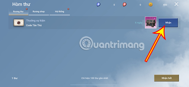 Ấn Nhận để thu thập vật phẩm từ giftcode.