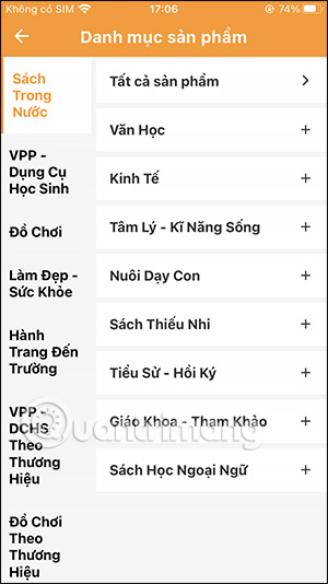 Mục lục ứng dụng Fahasa