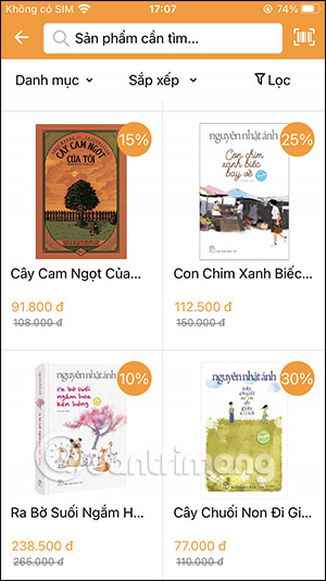 Lọc sác trên ứng dụng Fahasa