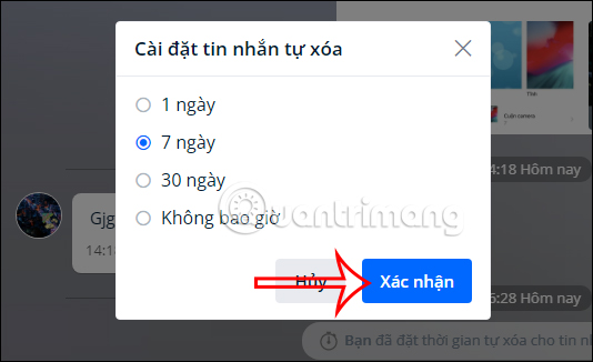 Thời gian xóa tin nhắn Zalo