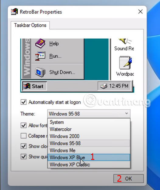 Một cửa sổ pop up hiện lên, tại mục Theme chọn Windows XP Blue và nhấn OK.