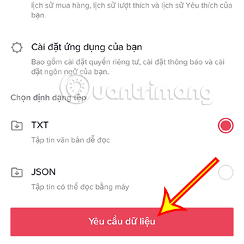 Chọn định dạng rồi ấn Yêu cầu dữ liệu