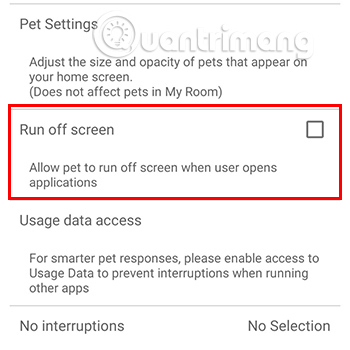 Ấn tick vào dòng Run off screen để cho phép em thú cưng xuất hiện tại màn hình điện thoại hoặc trên các ứng dụng khác.