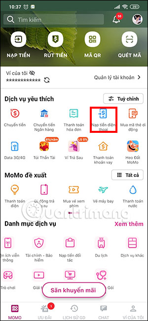 Nạp thẻ điện thoại trên MoMo