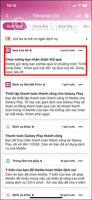Thông báo nhận thẻ quà tặng MoMo