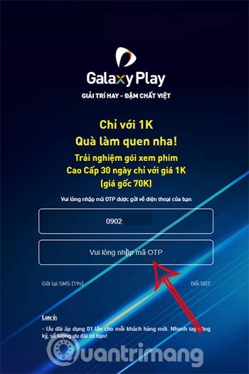 Điền mã OTP vào ô Vui lòng nhập mã OTP.