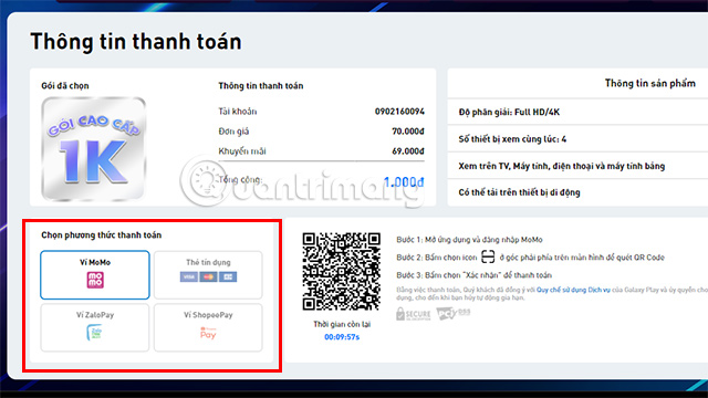 Có 4 phương thức thanh toán để bạn có thể lựa chọn