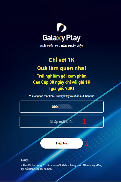 Nhập mật khẩu bạn muốn cài cho tài khoản Galaxy Play rồi ấn Tiếp tục.