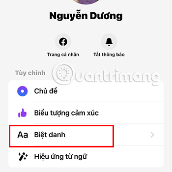 Quay lại giao diện cài đặt, chọn mục Biệt danh.