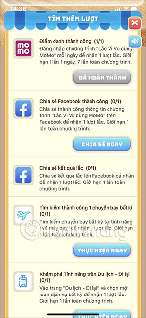 Thực hiện nhiệm vụ trên Lắc Vi Vu MoMo