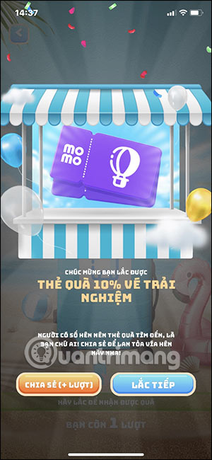 Nhận thưởng trên Lắc Vi Vu MoMo