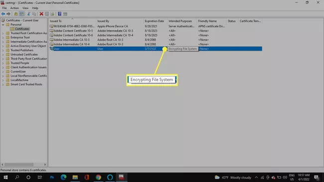 Encrypting File System nhập Windows Certificate Manager