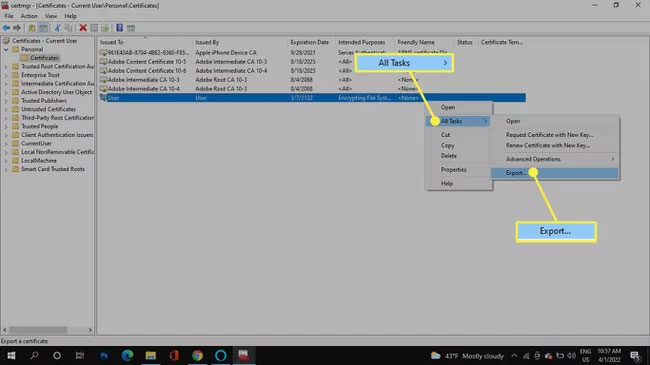 All Tasks > Export trong Windows Certificate Manager
