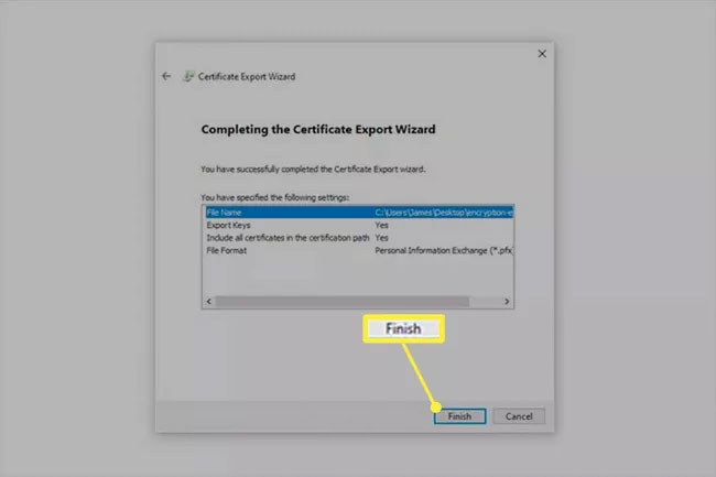 Hoàn trở nên màn hình hiển thị review Certificate Export Wizard