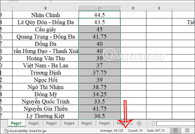 Thông tin từ thanh trạng thái Excel