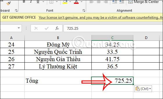 Hiện dữ liệu từ Status Bar Excel