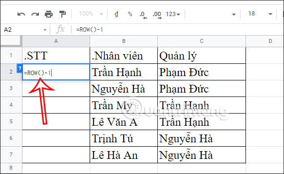 ROW chức năng Google Trang tính