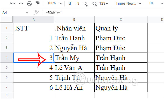 ROW Chức năng Google Trang tính được đánh số thứ tự