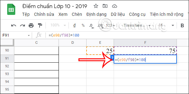 The multiplication of the percentage in Google Sheets