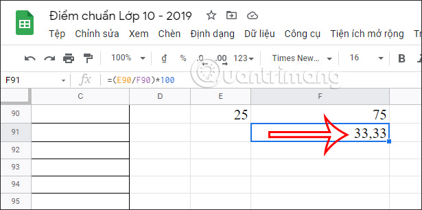 The results of the multiplication of the percentage in Google Sheets