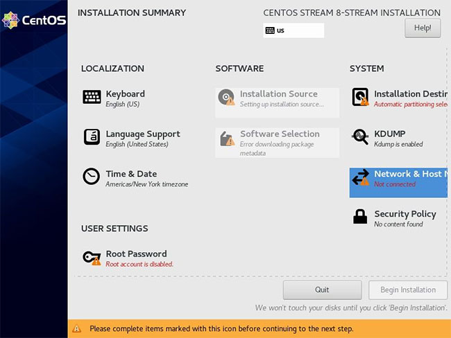 Menu cài đặt CentOS Stream