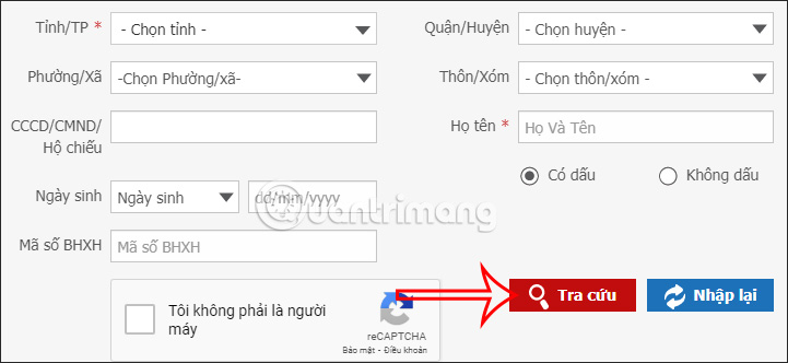 Điền thông tin tra cứu