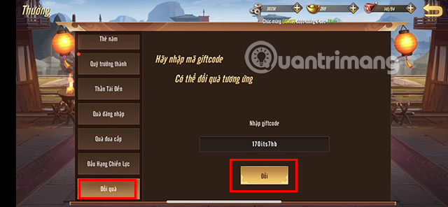 Chọn mục Đổi quà và tiến hành nhập mã code đã được đề cập phía trên.