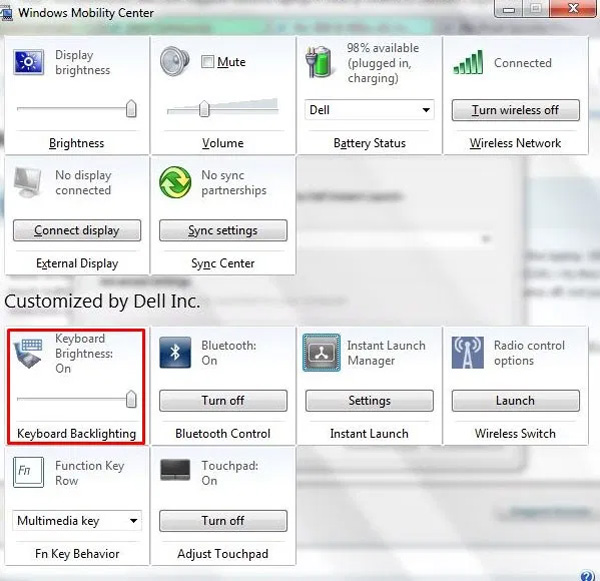 Trong cửa sổ Windows Mobility Center, ấn vào Keyboard Backlighting.