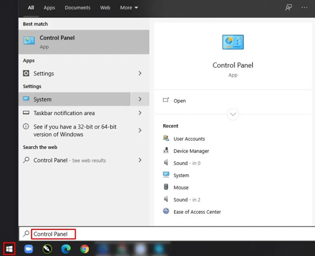Mở Control Panel thông qua menu tìm kiếm trên thanh Taskbar.