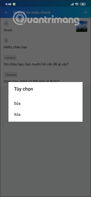 Tùy chọn tin nhắn nhanh Zalo 