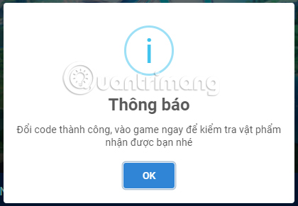 Thông báo đổi code thành công xuất hiện