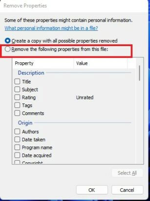 Chọn Remove the following properties from the file