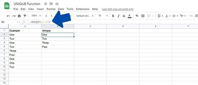 A basic example of how to use UNIQUE in Google Sheets