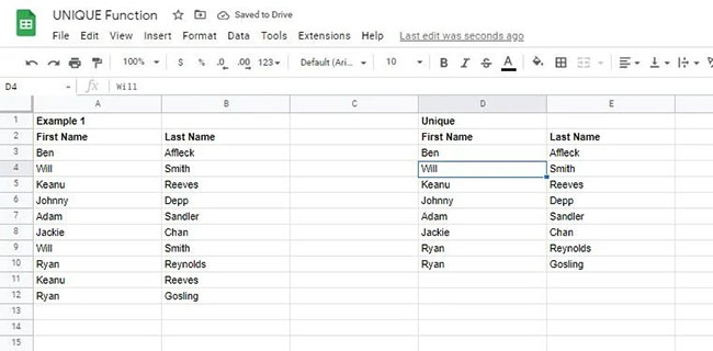 Using UNIQUE function with two columns