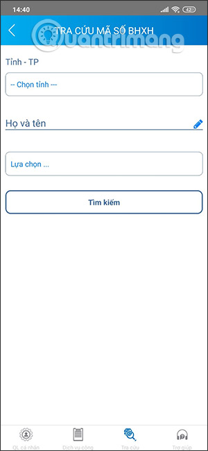 Giao diện điền thông tin cá nhân trên VssID