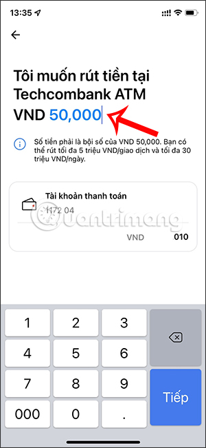 Nhập chi phí cần thiết rút bên trên Techcombank