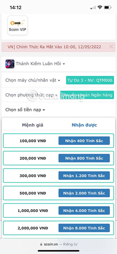 nạp thánh kiếm luân hồi qua thẻ atm