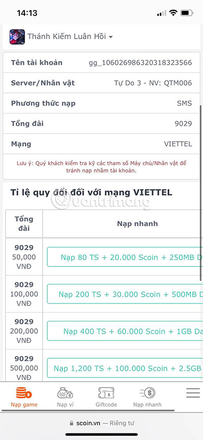 nạp scoin thánh kiếm luân hồi
