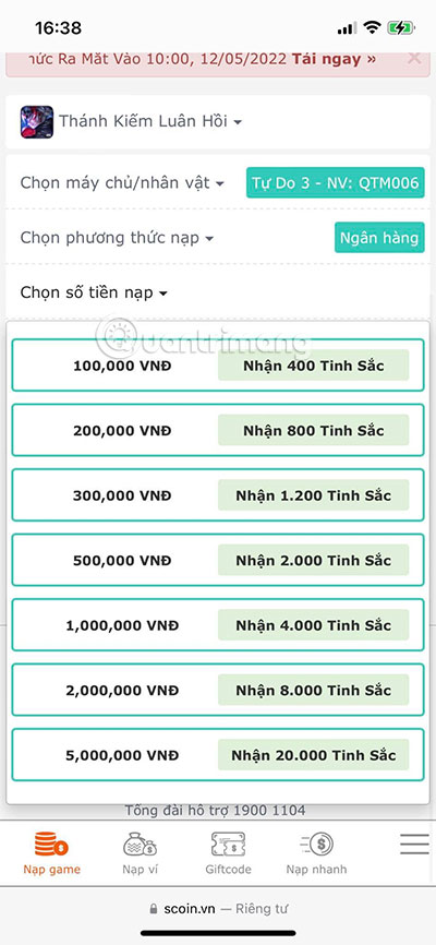 các cách nạp thẻ thánh kiếm luân hồi