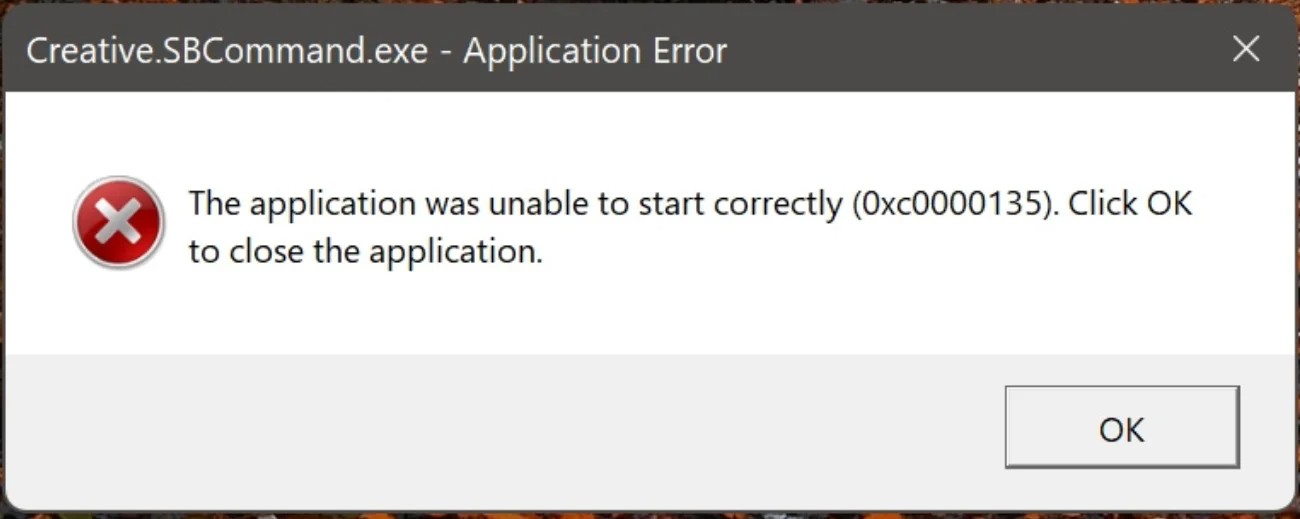 The application was unable to start correctly (0xc0000135). Click OK to close the application