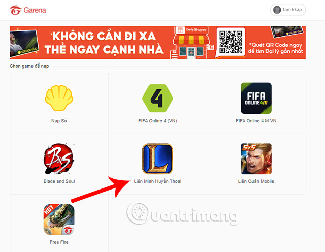 Bấm vào biểu tượng của game mà bạn muốn nạp thẻ Garena.