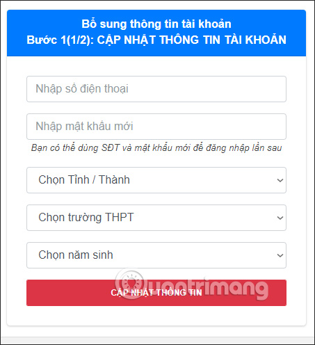 Điền thông tin cá nhân Moon.vn