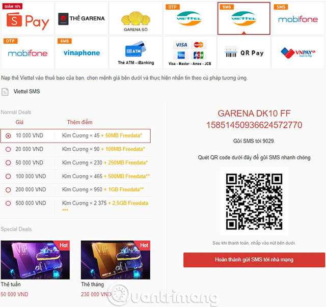 nạp thẻ ff bằng tin nhắn