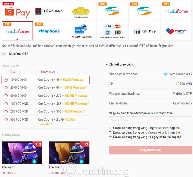 nạp thẻ ff bằng mã otp