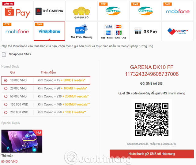 nạp thẻ ff bằng tin nhắn